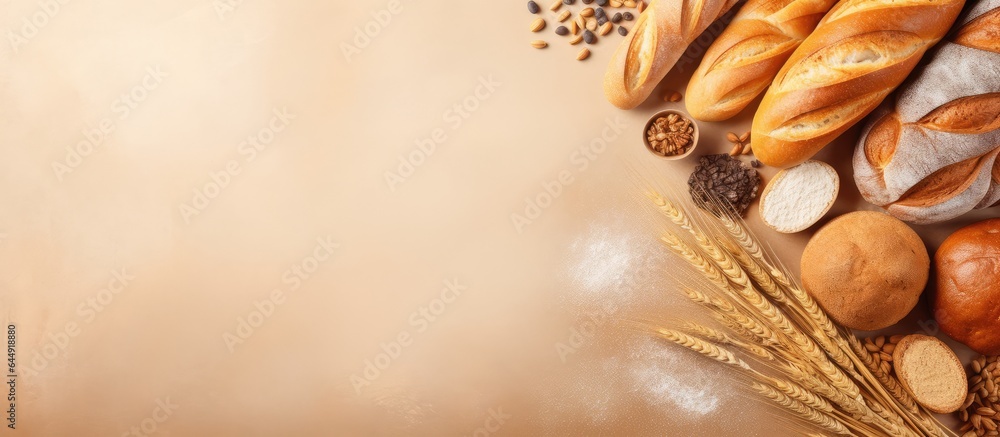 Assorted bread types placed on a tablecloth top view Relevant to bakery and pastry isolated pastel background Copy space