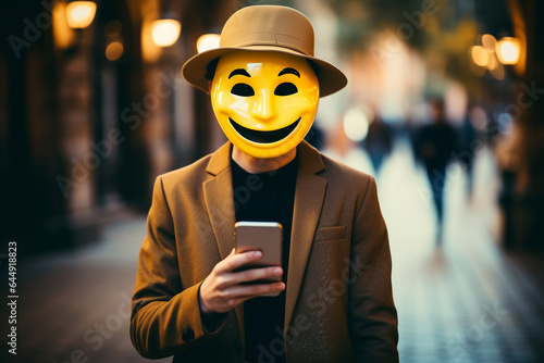 Happy smilie emoji on face of person while taking a selfie for social media sharing, AI generative illustration