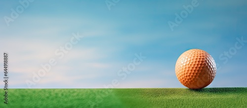 Golf ball placed on orange tee amidst green isolated pastel background Copy space