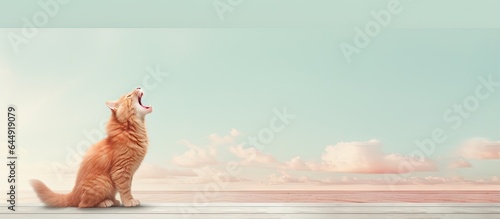 A shouting cat on a bench colored red isolated pastel background Copy space photo