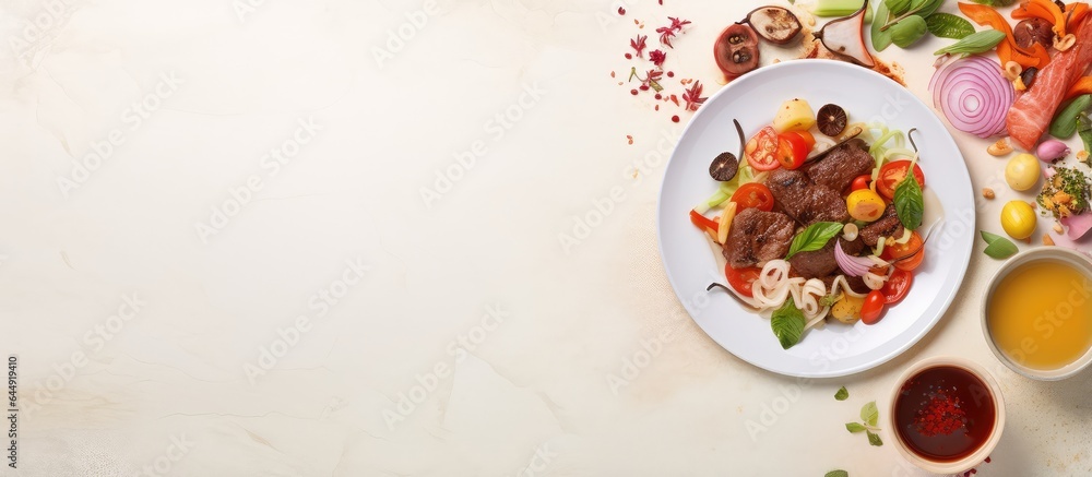 Healthy Asian food delivery Funchoza with meat vegetables soy sauce bell pepper and cucumber on a closeup plate isolated pastel background Copy space Healthy Asian food delivery Funchoza with meat vegetables soy sauce bell pepper and cucumber on a closeup plate isolated pastel background Copy space