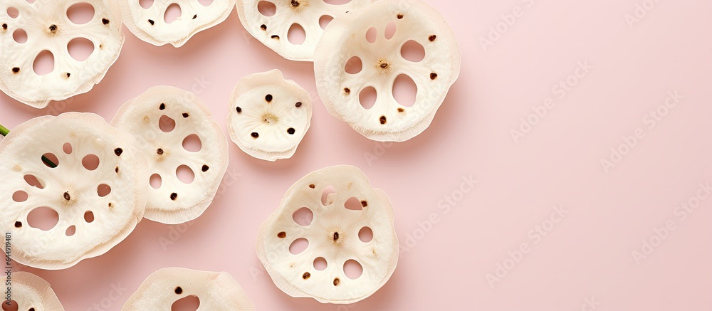 Lotus root slices coated in sugar placed on a isolated pastel background Copy space