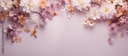 Photo of blooming spring flowers and plants isolated pastel background Copy space