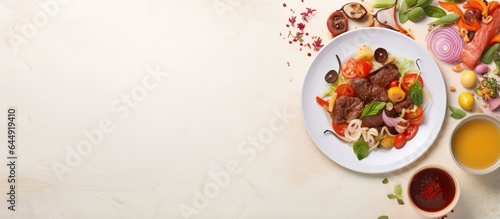 Healthy Asian food delivery Funchoza with meat vegetables soy sauce bell pepper and cucumber on a closeup plate isolated pastel background Copy space