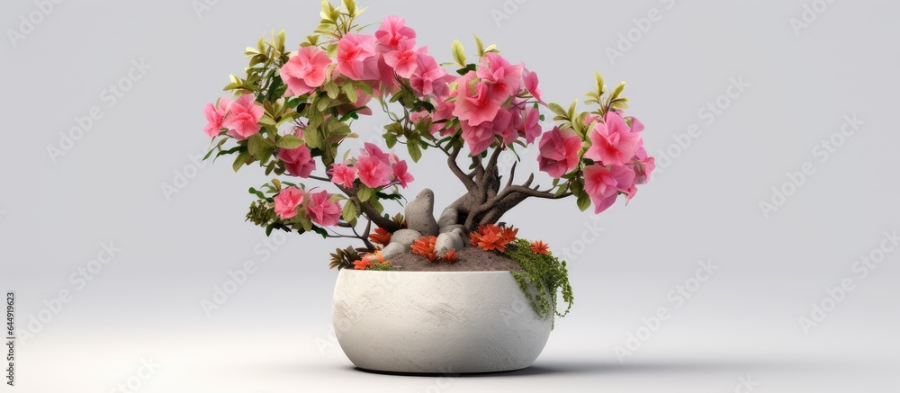 Flowerpot vase with flowers seen from the front in a tree shaped cutout image with an alpha channel rendered in 3D isolated pastel background Copy space