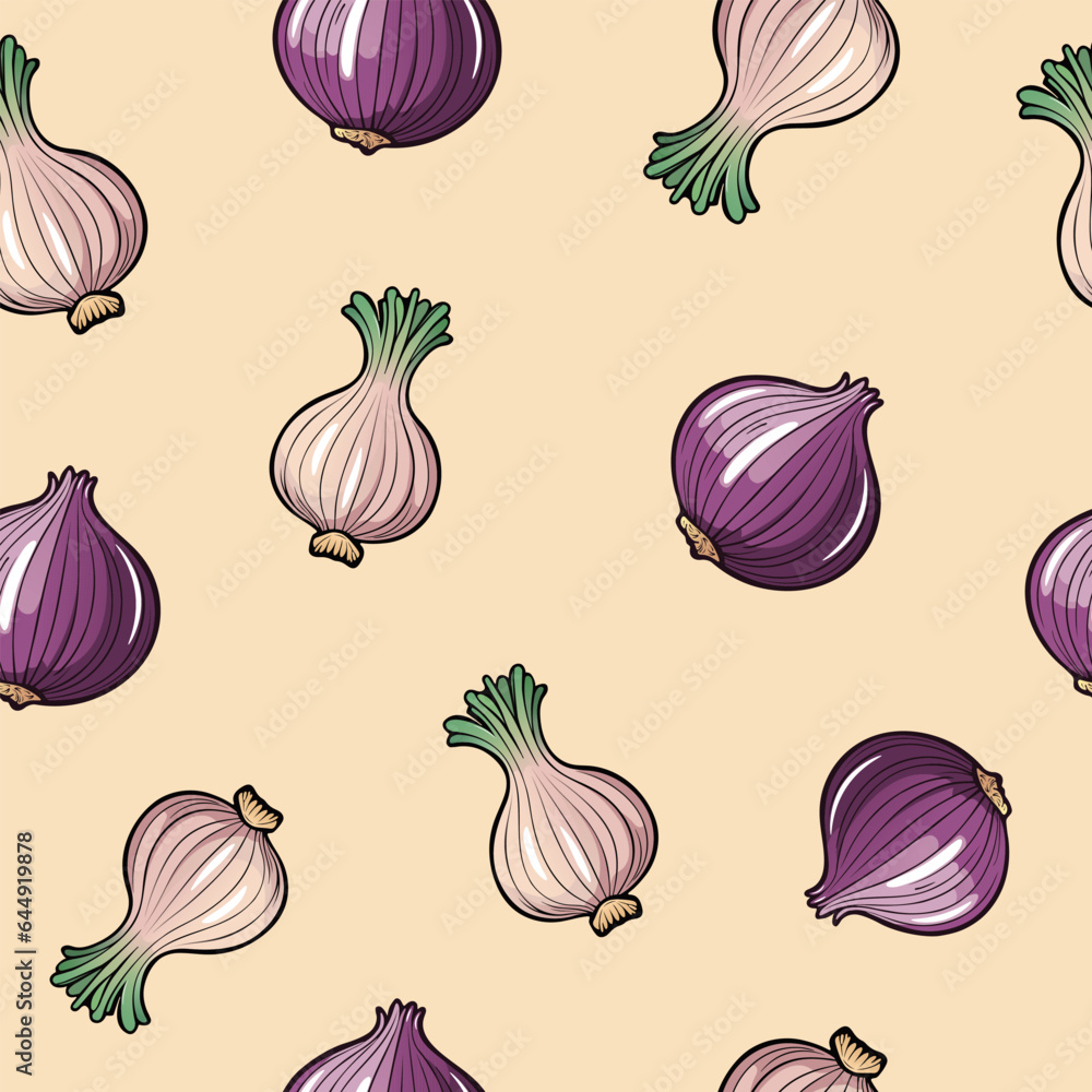Seamless pattern of
fresh red and white onion bulbs. Healthy food and vegetables concept. Illustration for books, magazines, menu. Clipart ingredients. Hand drawn style onion bulbs with black outline Seamless pattern of
fresh red and white onion bulbs. Healthy food and vegetables concept. Illustration for books, magazines, menu. Clipart ingredients. Hand drawn style onion bulbs with black outline