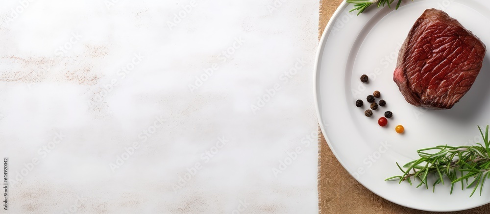 peppered filet mignon isolated pastel background Copy space plate peppered filet mignon isolated pastel background Copy space plate