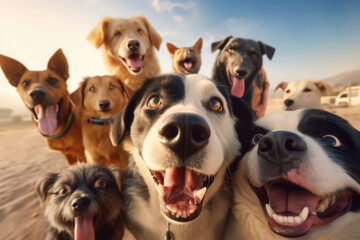 A group of dogs taking a selfie on a blurred background. Generative AI