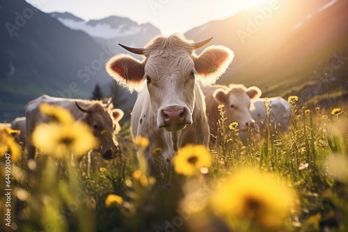 Cow on the flowered meadows. Nature with wild flowers and mountains in the background. Generative AI