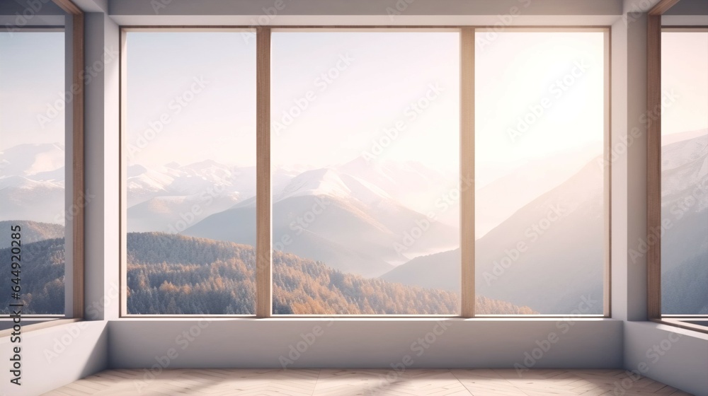 Virtual Window to the Mountains of Modern Cozy Minimalist Background. Virtual Window to the Mountains of Modern Cozy Minimalist Background.
