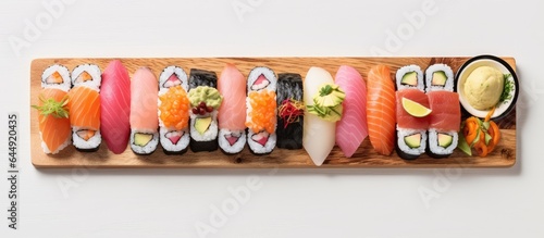 Japanese style sushi made with sweet egg isolated pastel background Copy space