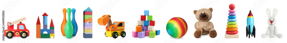 Set with different toys isolated on white Set with different toys isolated on white