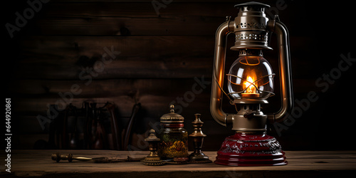 Antique Kerosene lamp oil lantern burning with glow soft light on aged wood floor. soft focus photo