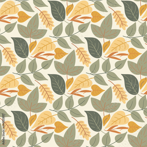 Natural leafy seamless pattern. Background with green and yellow leaves. Botanical print for textiles, wallpapers, digital paper and design, vector illustration