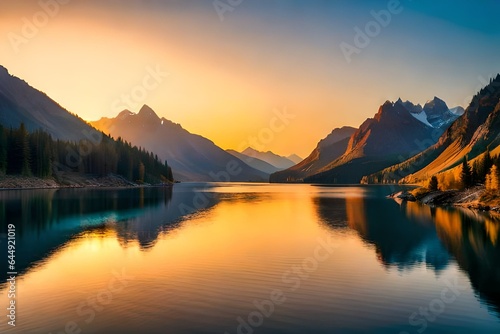 Beautiful mountain scenery at sunset. Beautiful natural scenery at sunset. Overlooking Federa Lake are lovely colored trees that are illuminated by the sun. Stunning, lovely view. Nature has color © Amazing-World