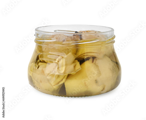 Open jar of delicious artichokes pickled in olive oil isolated on white