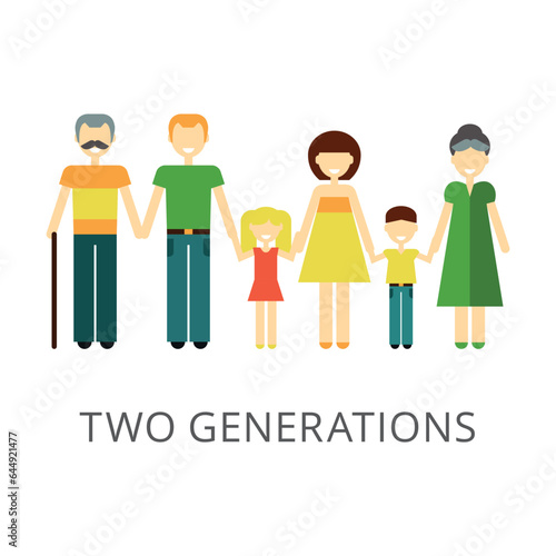 Two generations of family isolated on white. Colored flat vector icon of grandparents, husband and wife, grandchildren holding hands. Human relationship concept