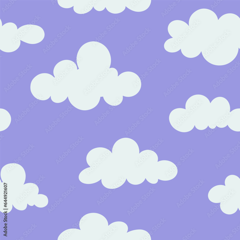 Clouds in the sky seamless pattern. Naive groovy lavender Background. Doodle sky pattern of pastel tones. Contemporary trendy backgrounds for kids. Psychedelic trippy nursery print