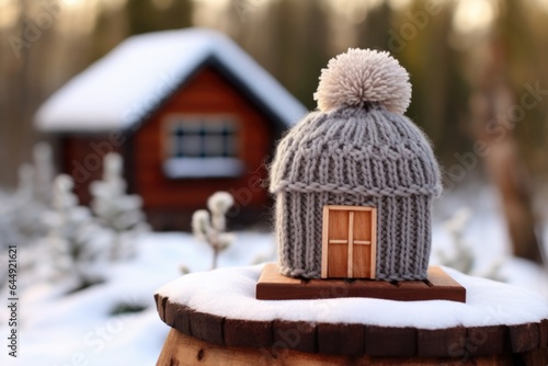 Small house model wearing a handmade knitted hat. Heating in a wooden house