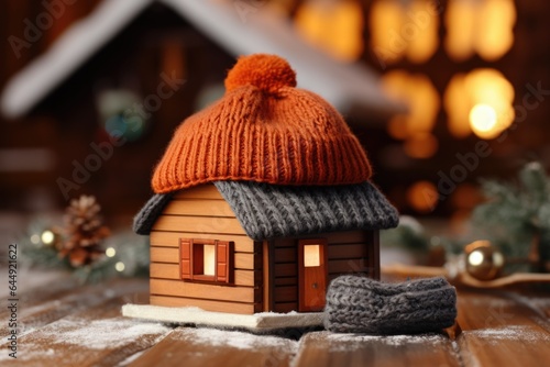 Cute knitted house stands against the background of wooden residential building in a hat. A symbol of warmth, comfort and winter holidays. Ski resort for the whole family