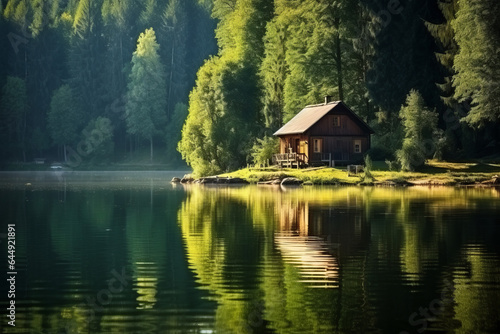 A beautiful log cabin on a lake, with reflections in the water