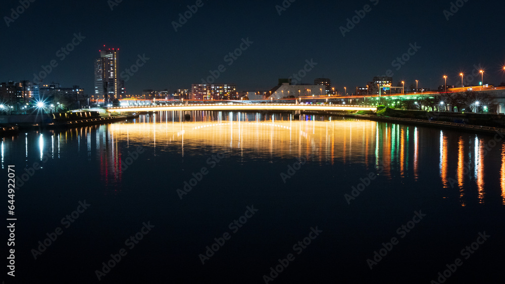 landscape of city and lights at night on bridge