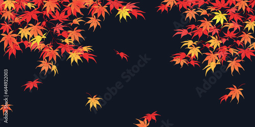 Autumn branches on the background of Mount Fuji. Mid-autumn is the time of leaf fall. The red leaves of the Japanese maple fall off, fluttering in the wind. Vector illustration.