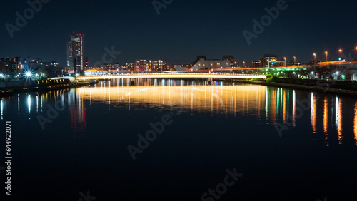 landscape of city and lights at night on bridge