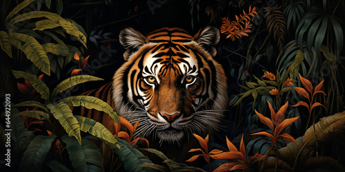 Tiger portrait on jungle background, digital illustration
