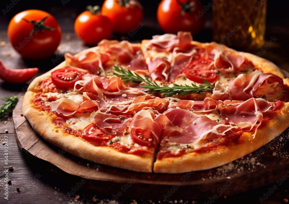 Pizza with prosciutto parma ham on wooden background.Macro.Ai Generative
