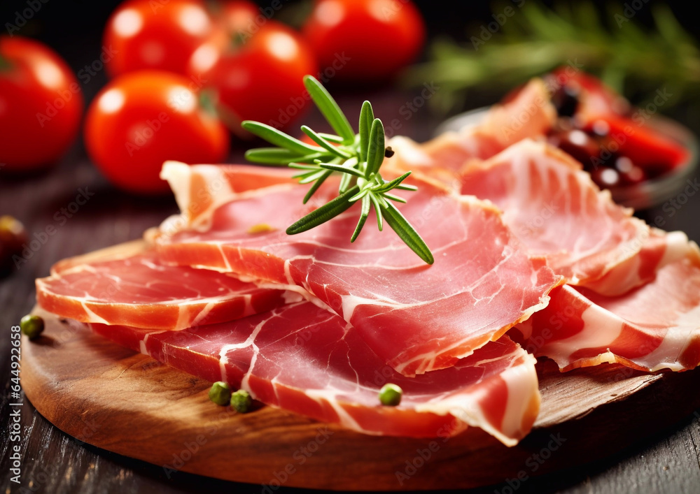 Slices of parma ham with rosemary on chopping board.Macro.AI Generative.
