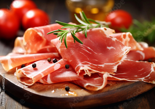 Parma ham slices with rosemary on chopping board.Macro.AI Generative.