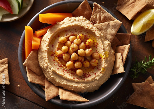 Hummus with chickpea,pita bread and carrots top view table.Macro.AI Generative