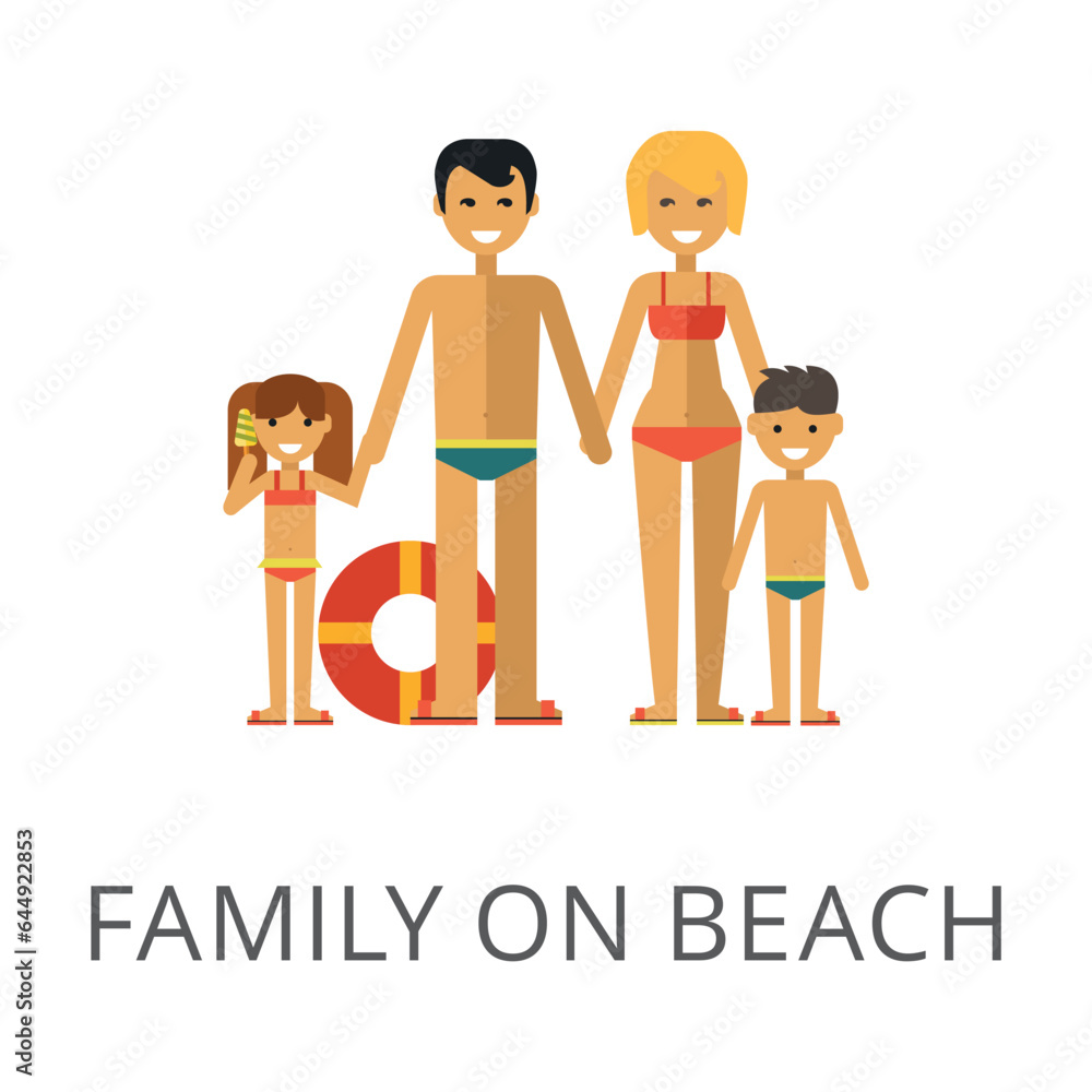 Family with children on beach holiday with lifebuoy isolated on white. Colored flat vector icon of people wearing swimwear. Summer and recreation concept