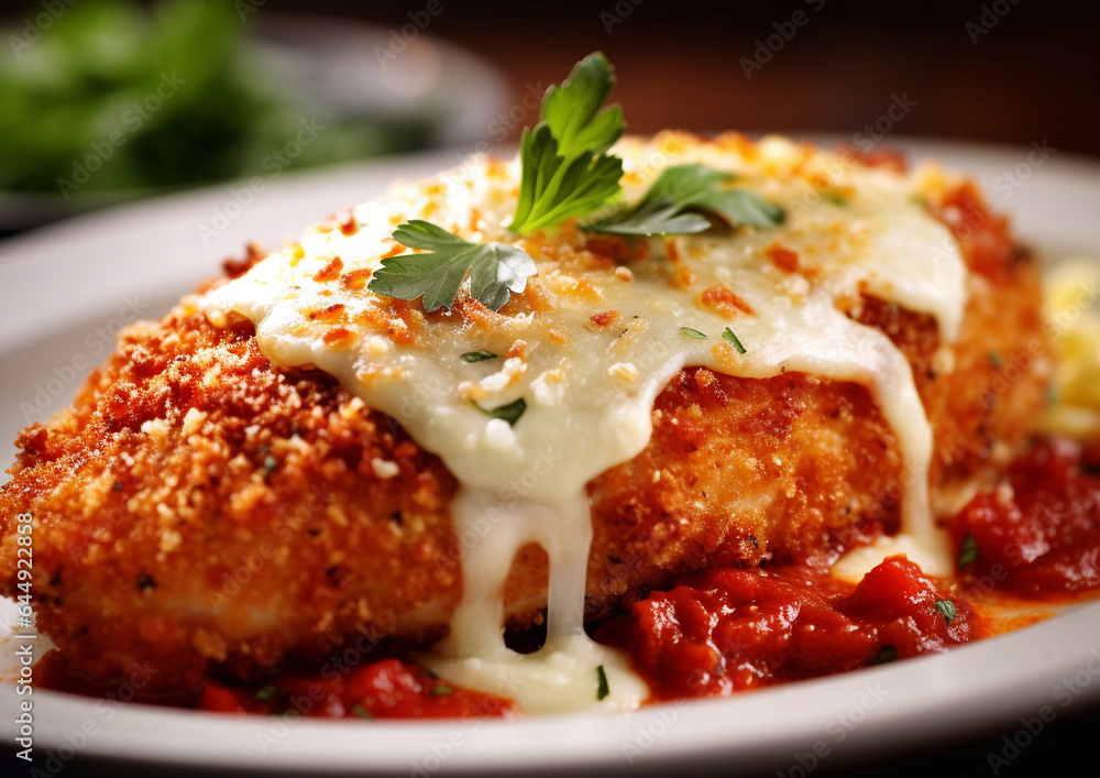 Chicken fillet with parmesan and mozzarella and sauce.Macro.AI generative. Chicken fillet with parmesan and mozzarella and sauce.Macro.AI generative.