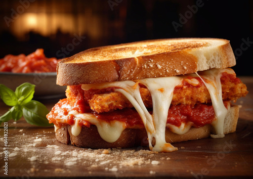 Sandwich with chicken fillet and parmesan cheese and sauce.Macro.AI generative. photo