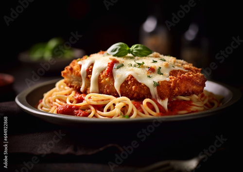 Breaded chicken fillet with parmesan and sauce with spaghetti on table.Macro.AI generative.