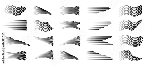 Speed lines in a set, of various shapes in the form of a turn, zigzag, reversal, drill, arc and spiral in black on a transparent background