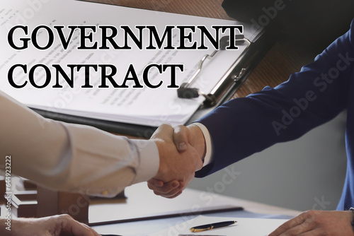 Government contract. Collage with photo of businesspeople shaking hands and documents photo