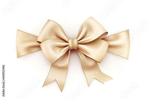 Beige and Gold Ribbon Border. Luxurious Diagonal Frame with Beige Ribbon and Gold Bow for Present or Package Design