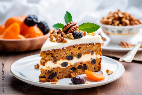 carrot cake with walnuts prunes and dried apricots on wooden table