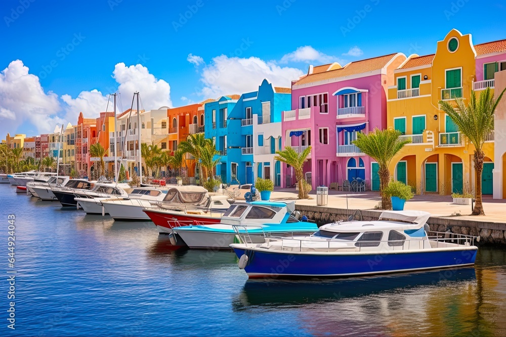 Colorful Bonaire Waterfront Harbor In Caribbean City With Boats And Architecture