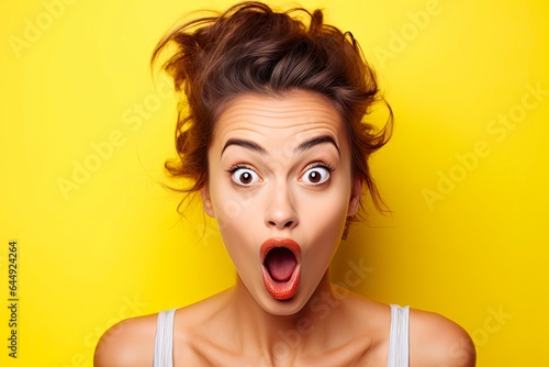 Female Hipster Model Makes Funny Face, Crosses Eyes and Sticks Out Tongue, Playing Fool and Being Irresponsible, 1 Horizontal Shot Against Yellow Studio Background