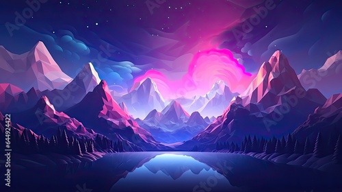 Low Poly Neon Pastel Mountains, Forest & Clouds. Night Adventure in Blue and Pink 3D Rendering Background. Beautiful Camp Beauty