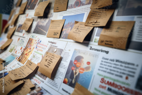 Marketing from cutout newspaper headlines pinned to a cork bulletin board