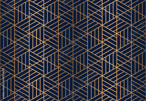 Seamless hexagon pattern with gold strip line on blue background, luxury art deco repeat tile vector illustration.