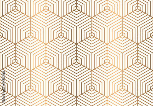 Vector luxury seamless hexagon pattern with gold strip line on white background.