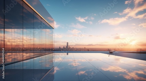 3d render of morning view to perspective glass building, copy space, 16:9