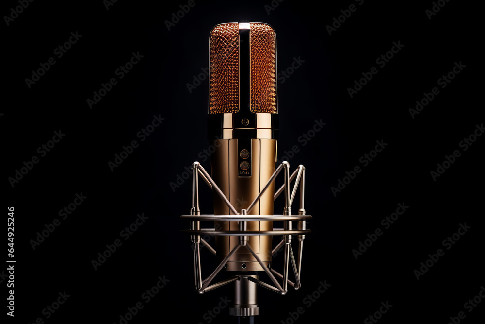 golden color microphone detail in music and sound recording studio, black background golden color microphone detail in music and sound recording studio, black background