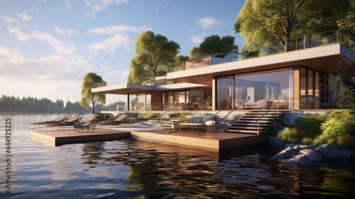 modern house by the river, sunshine, 16:9, high quality picture